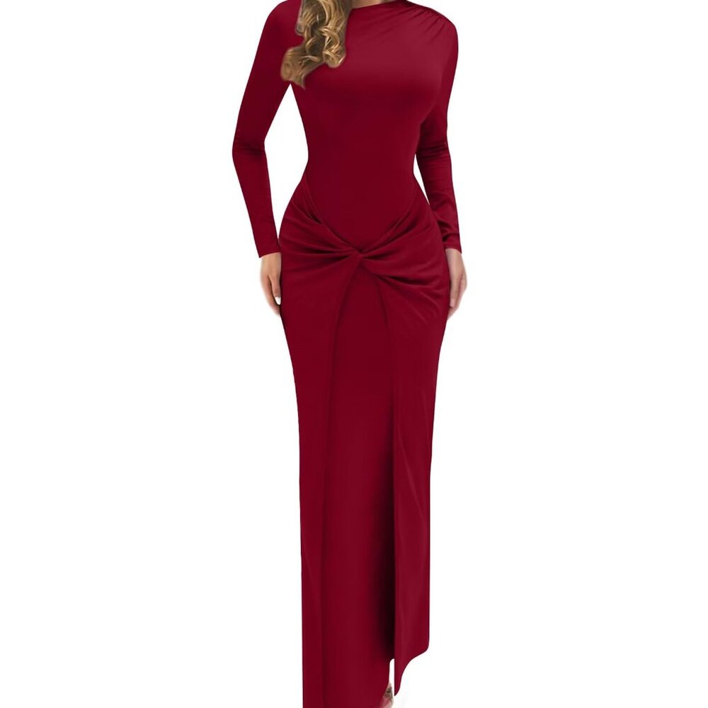 Mock Neck Ruched Bodycon Maxi Dress Long Sleeve Formal Cocktail Party